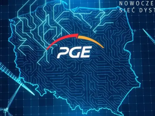Mapa Polski z siecią energetyczną PGE. Wiatraki symbolizują odnawialne źródła energii.