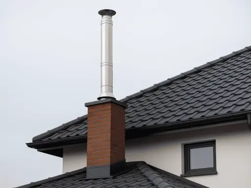 Nowy komin w starym domu, pozwolenie na budowę zostało wydane. Stalowa rura na ceglanej podstawie na tle szarego nieba.