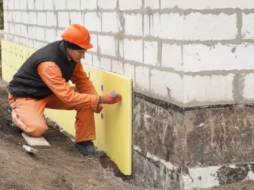 Budowlaniec mocuje żółty styropian do ściany fundamentowej. Czy styropian pije wodę? Nie, jest wodoodporny.