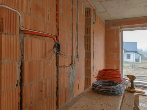 Instalacja elektryczna w trakcie budowy. Widać pomarańczowe peszle i kable prowadzone po ceglanej ścianie. Na pierwszym planie zwoje kabli i wkrętarka.