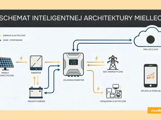 Schemat inteligentnego systemu zarządzania energią Miellec: panele fotowoltaiczne, magazyn energii, falownik, sieć energetyczna, urządzenia elektryczne, chmura i aplikacja mobilna.