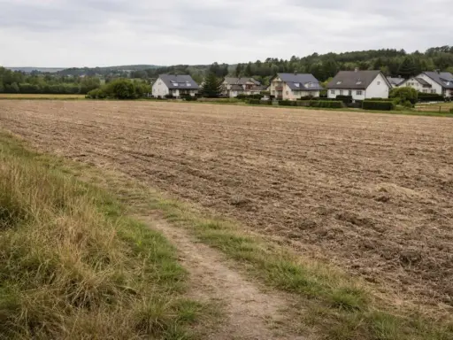 Pola uprawne obok domów, idealne miejsce do zastanowienia się, jak odrolnić działkę i stworzyć własne ogrody.