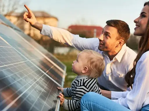 Rodzina przy panelach fotowoltaicznych. Tata pokazuje synkowi, jak zrobić panel fotowoltaiczny, wyjaśniając działanie energii słonecznej.