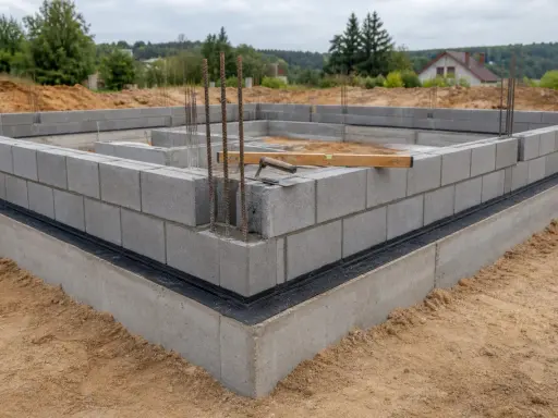 Fundament domu w trakcie budowy. Murowanie z bloczka betonowego, widoczne zbrojenie i poziomica.