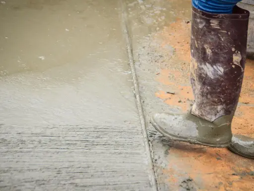 Pracownik w gumowcach stoi na świeżym betonie. Widać mokry cement z wodą bez piasku, tworzący gładką powierzchnię.