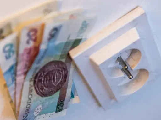 Polskie banknoty obok gniazdka elektrycznego, symbolizujące koszty energii. PGE okres rozliczeniowy G11.