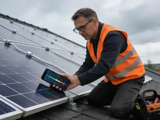 Technik sprawdza kąt padania promieni słonecznych na panel fotowoltaiczny za pomocą aplikacji na telefonie.