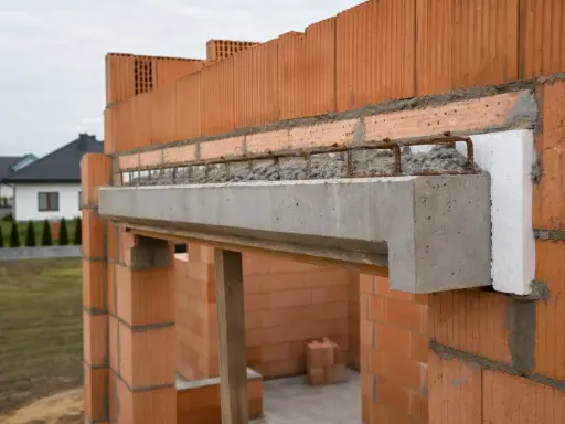 Solidna belka nad oknem, wykonana z betonu i zbrojenia, stanowi kluczowy element konstrukcyjny.