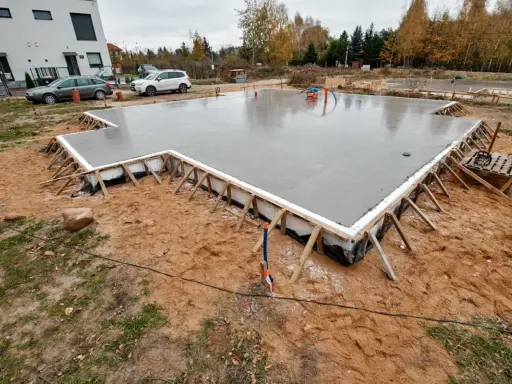 Świeżo wylana ława fundamentowa na budowie domu. Wokół plac budowy z piaskiem i trawą.