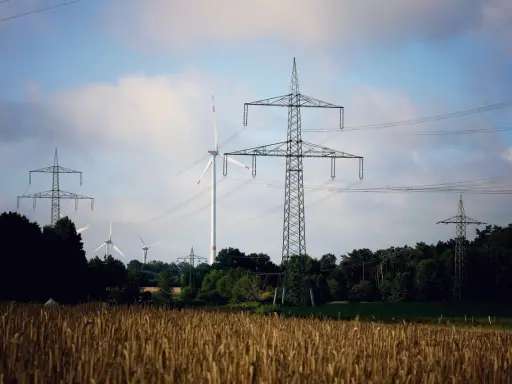 Pole pszenicy, wiatraki i wysokie słupy energetyczne tworzą krajobraz nowoczesnej sieci OSD.
