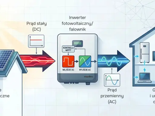 Schemat pokazuje, jak falownik fotowoltaiczny przekształca prąd stały z paneli słonecznych na prąd zmienny dla urządzeń domowych.