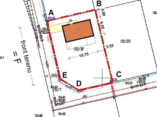 Plan działki z zaznaczonym budynkiem i granicami. Widać wymiary i oznaczenia, w tym wskaźnik powierzchni zabudowy.