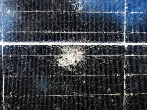 Uszkodzony panel fotowoltaiczny z pękniętym szkłem. Taki defekt znacząco obniża wydajność paneli fotowoltaicznych.