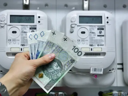 Dłoń trzyma polskie banknoty przed licznikiem energii elektrycznej. Brak licznika dwukierunkowego przy instalacji fotowoltaicznej może oznaczać brak rozliczenia nadwyżek.