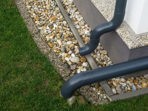 Domowe odprowadzenie wody deszczowej z rynien. Rury odprowadzają wodę na kamieniste podłoże przy trawniku.