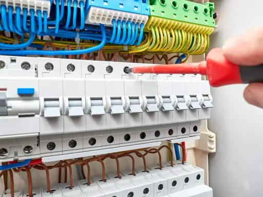 Ręka z czerwonym śrubokrętem dokręca śrubę w budowie rozdzielni elektrycznej. Widać bezpieczniki i kolorowe przewody.