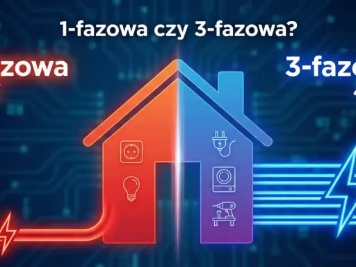 Dom podzielony na dwie części: czerwona z symbolem gniazdka i żarówki (1-fazowa 230V), niebieska z wtyczką, pralką i wiertarką (instalacja trójfazowa 400V).