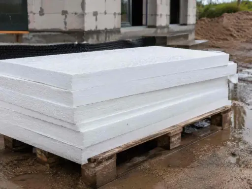Stos białych płyt styropianowych na palecie, stojący na mokrej ziemi. Czy styropian może leżeć na deszczu? Materiał budowlany na placu budowy.