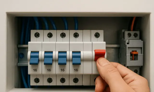 Dłoń wyłącza bezpiecznik w skrzynce elektrycznej. Kilka niebieskich dźwigni jest włączonych, jedna czerwona jest wyłączana.