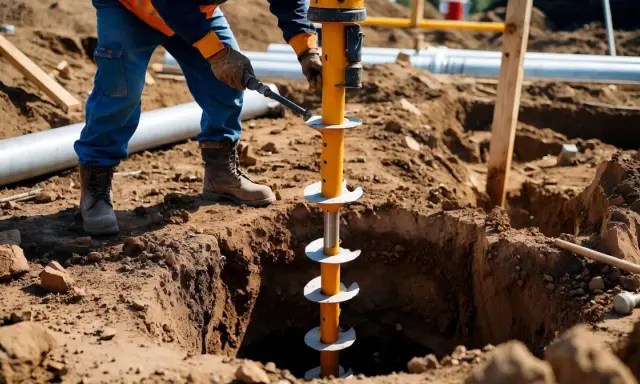 Pracownik używa wiertnicy do wykonania zgłoszenia studni do 30m. Wiertło zagłębia się w ziemi.