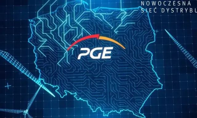 Mapa Polski z siecią energetyczną PGE. Wiatraki symbolizują odnawialne źródła energii.