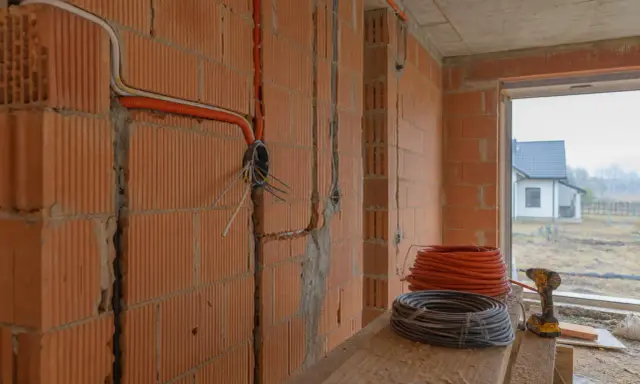Instalacja elektryczna w trakcie budowy. Widać pomarańczowe peszle i kable prowadzone po ceglanej ścianie. Na pierwszym planie zwoje kabli i wkrętarka.