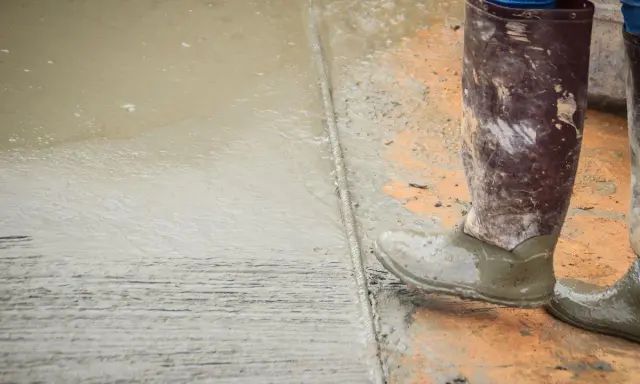 Pracownik w gumowcach stoi na świeżym betonie. Widać mokry cement z wodą bez piasku, tworzący gładką powierzchnię.