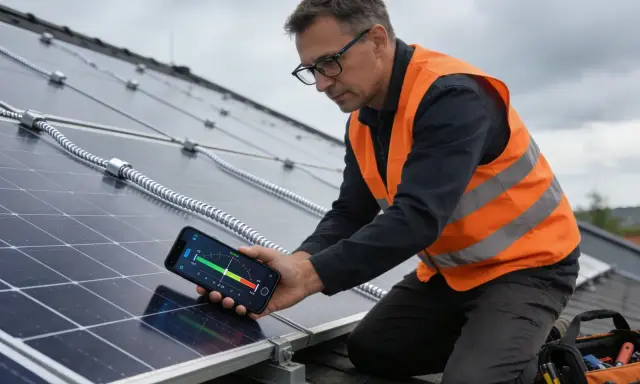 Technik sprawdza kąt padania promieni słonecznych na panel fotowoltaiczny za pomocą aplikacji na telefonie.