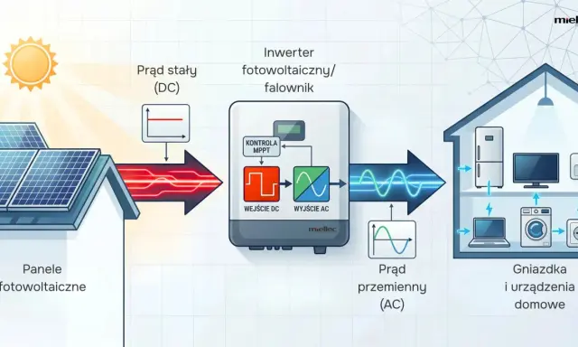 Schemat pokazuje, jak falownik fotowoltaiczny przekształca prąd stały z paneli słonecznych na prąd zmienny dla urządzeń domowych.