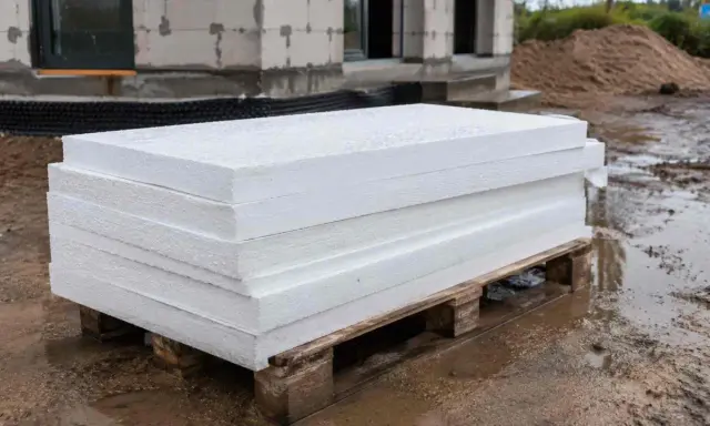 Stos białych płyt styropianowych na palecie, stojący na mokrej ziemi. Czy styropian może leżeć na deszczu? Materiał budowlany na placu budowy.