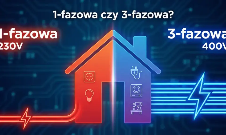 Dom podzielony na dwie części: czerwona z symbolem gniazdka i żarówki (1-fazowa 230V), niebieska z wtyczką, pralką i wiertarką (instalacja trójfazowa 400V).