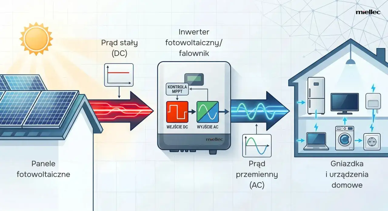 Schemat instalacji fotowoltaicznej: panele produkują prąd stały, falownik przekształca go na prąd zmienny dla urządzeń domowych. Jaka odległość falownika od paneli jest optymalna?