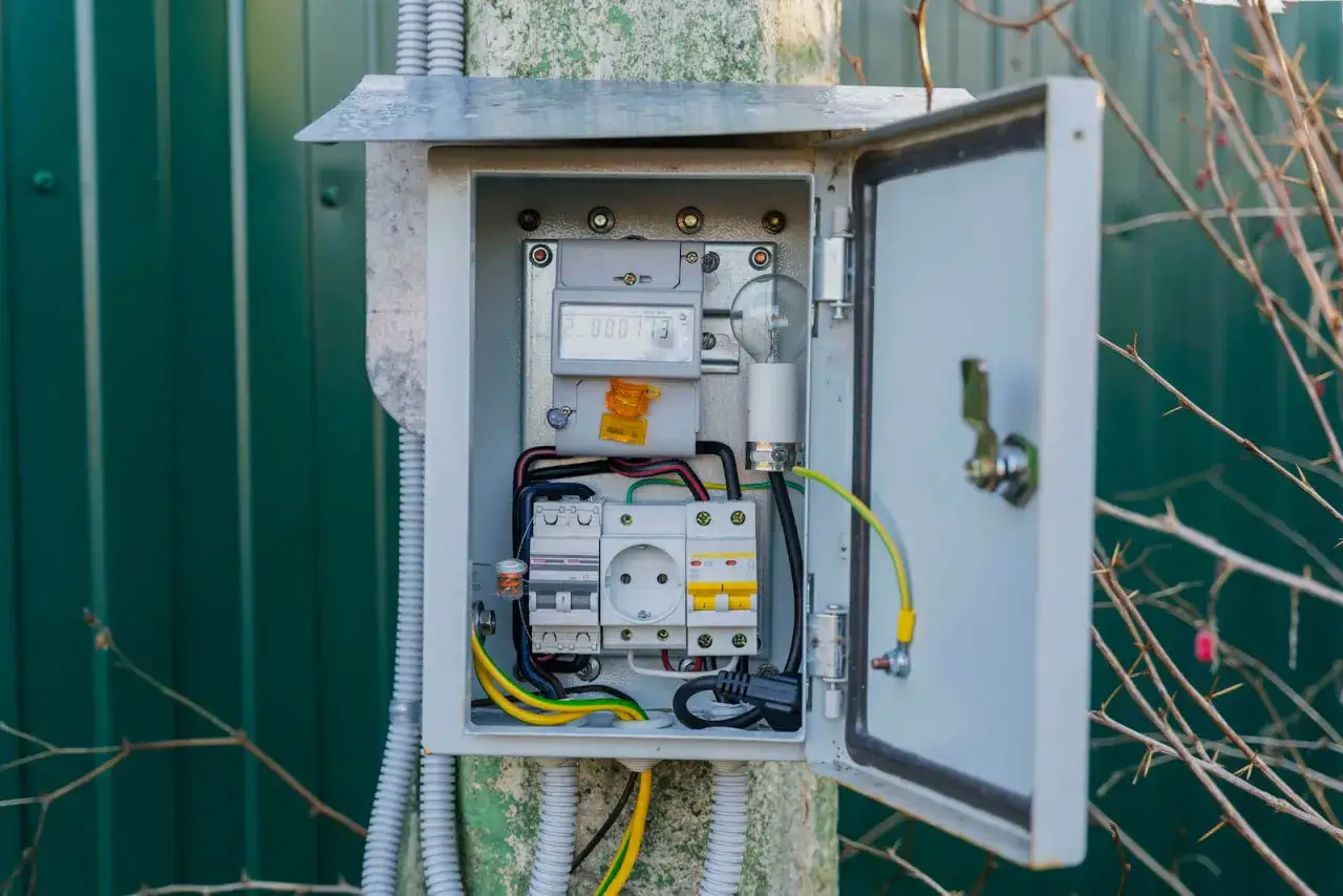 Otwarta skrzynka z licznikiem energii elektrycznej, wyłącznikami i gniazdkiem. Widoczny montaż licznika energii elektrycznej.
