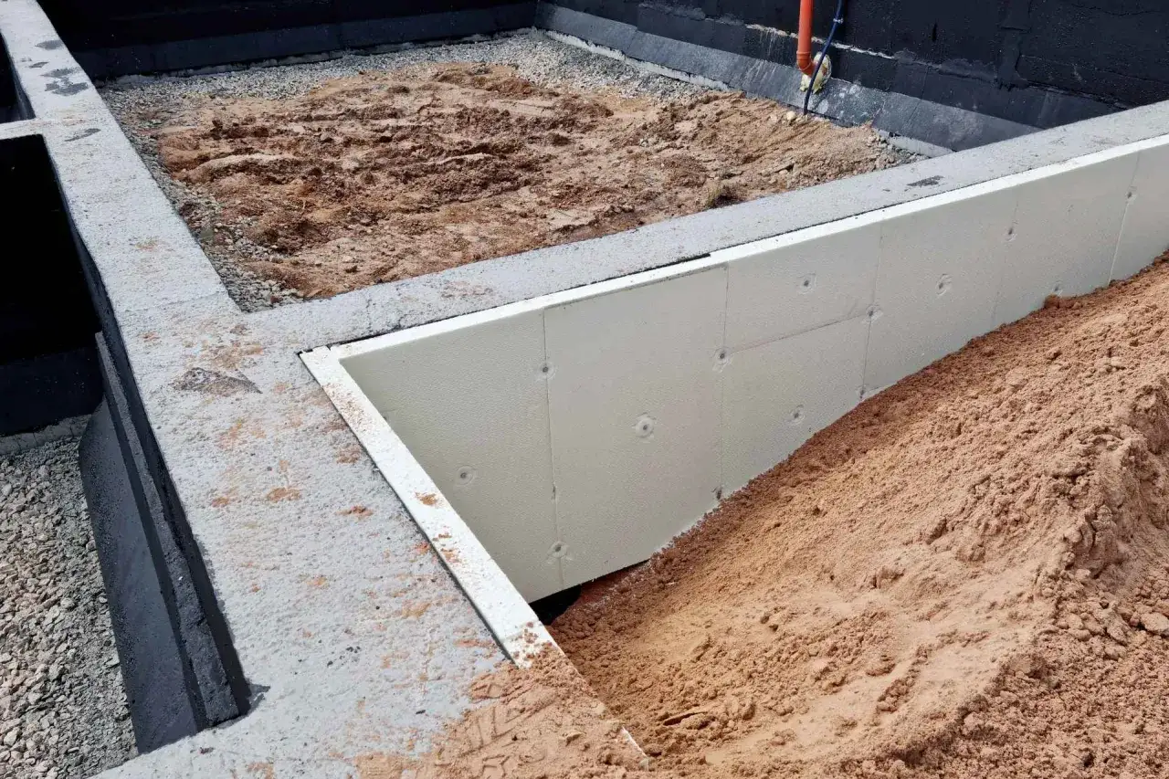 Fundament izolowany styropianem, przygotowany do zasypania. Tak działa niwelator, precyzyjnie wyrównując teren pod budowę.