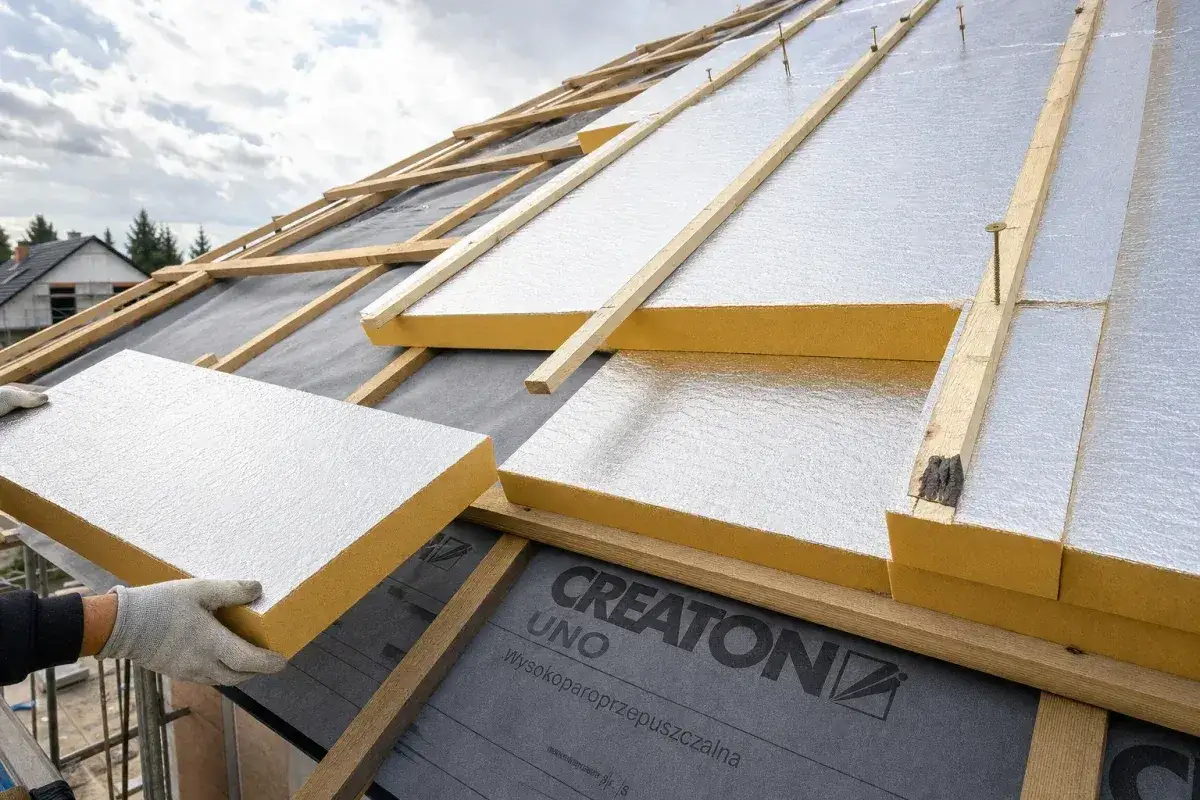 Układanie styropianu między krokwie dachu. Materiał izolacyjny z folią aluminiową gotowy do montażu.