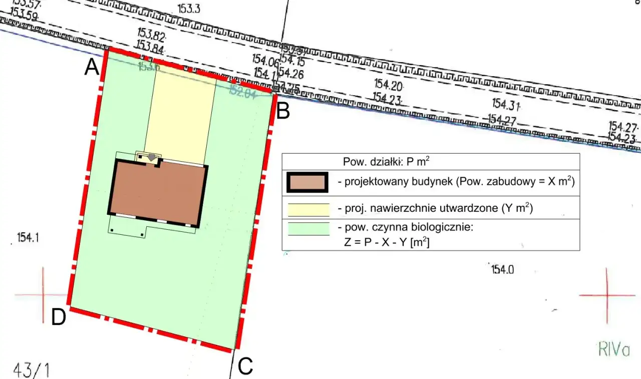 Plan działki z zaznaczonym budynkiem i legendą. Określa warunki zabudowy co potrzebne do obliczenia powierzchni biologicznie czynnej.