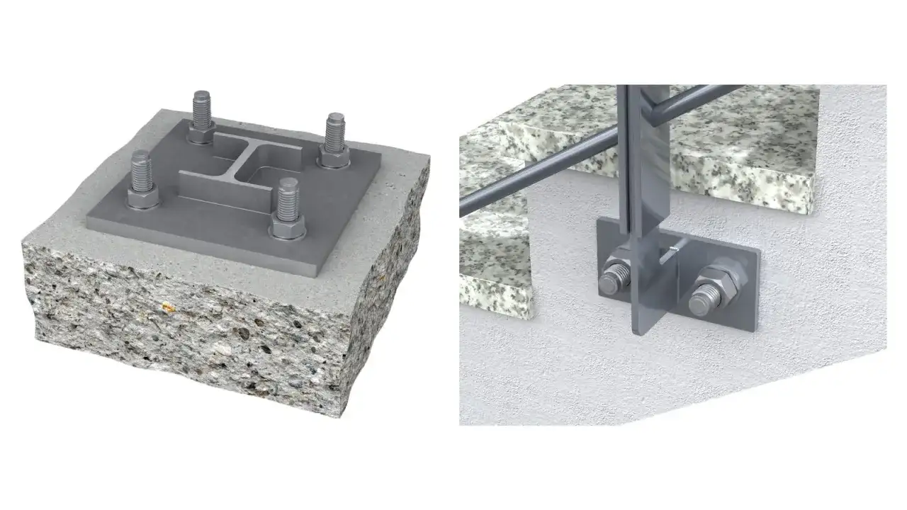 Solidne mocowanie balustrady przez styropian i beton, z wykorzystaniem stalowych element&oacute;w i śrub.