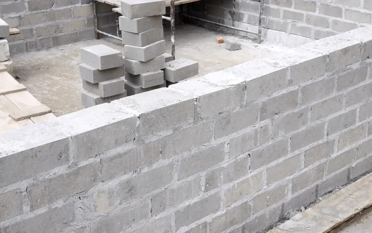 Trwa murowanie z bloczka betonowego. Ściana z szarego materiału pnie się w górę, tworząc solidną konstrukcję.