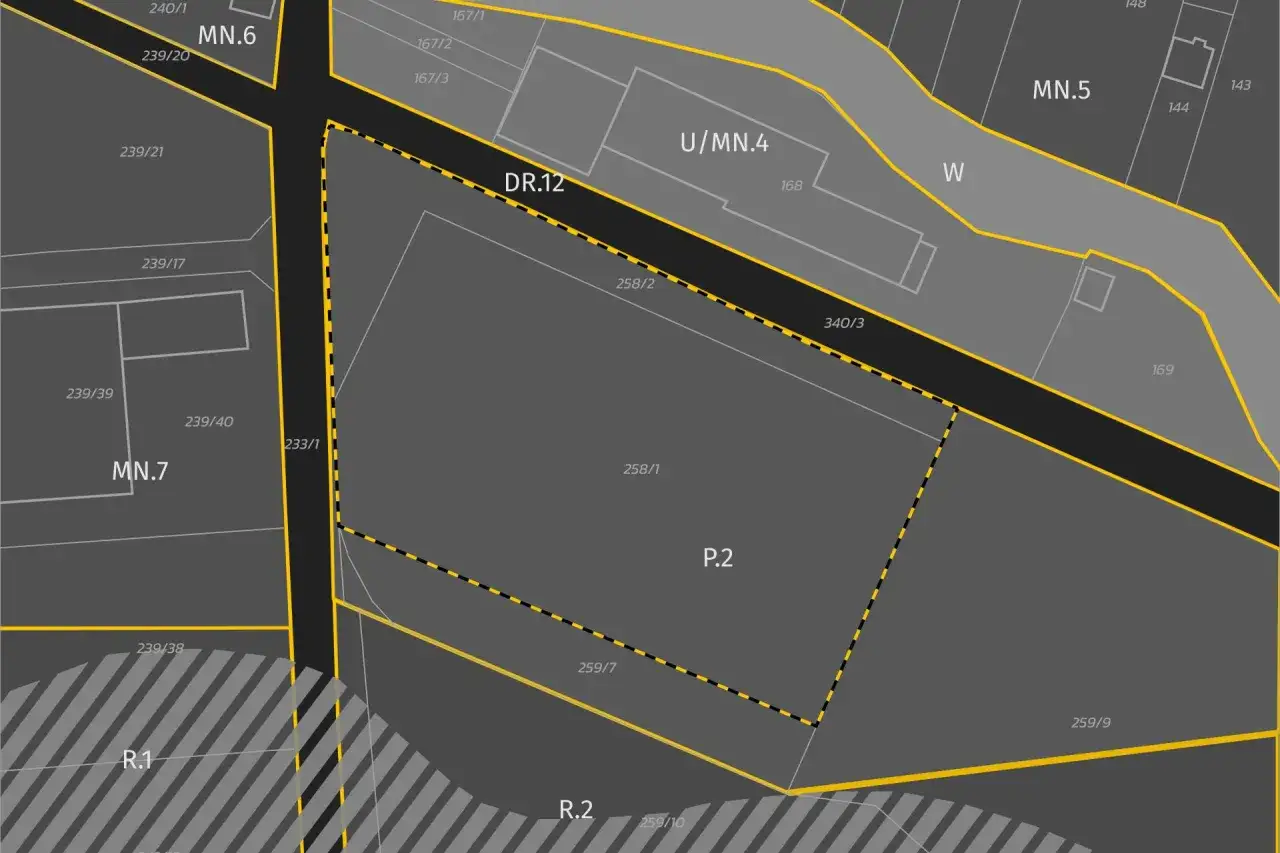 Mapa ewidencyjna działki P.2, pokazująca jej położenie względem innych terenów. Informacje o tym, jak odrolnić działkę, mogą być kluczowe dla jej przyszłego zagospodarowania.