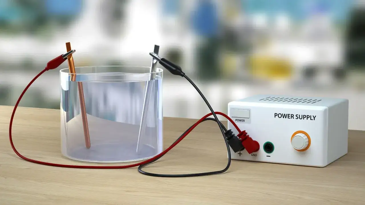 Elektroliza wody: dwa elektrody w szklance z wodą, podłączone do zasilacza. Proces ten umożliwia produkcję wodoru.