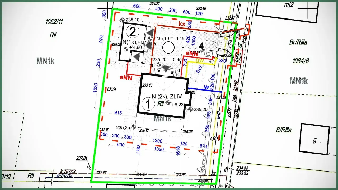 Wniosek o warunki zabudowy wzór: mapa z zaznaczonymi budynkami (1, 2, 4) i granicami działki, z oznaczeniami technicznymi.