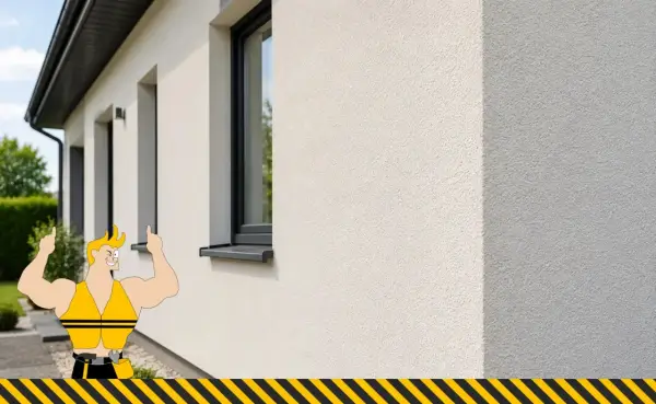 Silikonowy tynk na nowym domu schnie szybko, a muskularny pracownik pokazuje, że to świetny wybór.