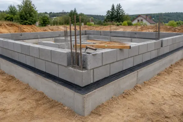 Fundament domu w trakcie budowy. Murowanie z bloczka betonowego, widoczne zbrojenie i poziomica.