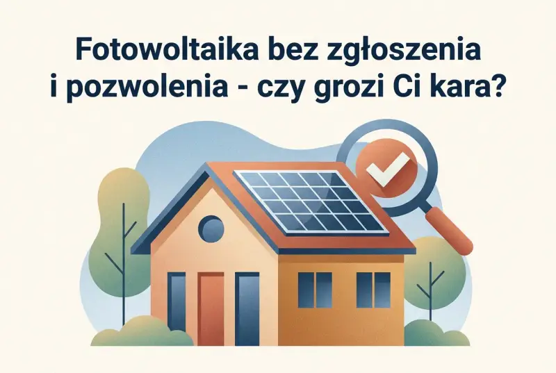Dom z panelami fotowoltaicznymi na dachu, lupa z zaznaczeniem "OK". Czy instalacja fotowoltaiczna bez zgłoszenia jest legalna?